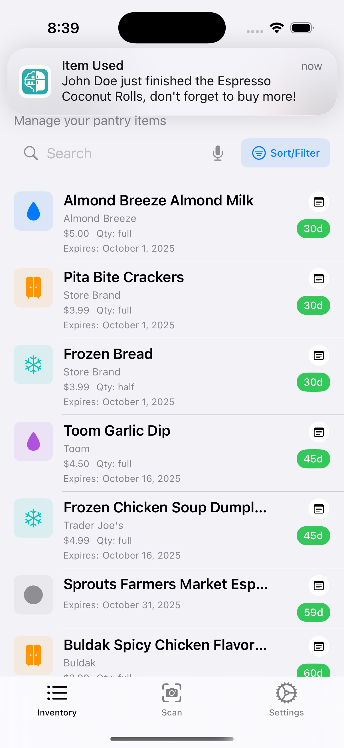 PantryMind Inventory Screen